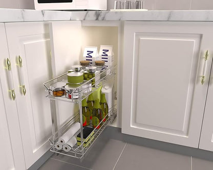 OCG Slide Out Cabinet Organizer for Narrow Cabinet (7" W X 21" D), 2 Tier Pull Out Shelves Slim Sliding Cabinet Organizer and Storage, Chrome
