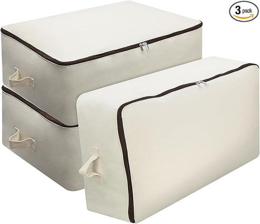 Omygarden 3 Pack Clothes Storage Bag Organizer with Sturdy Zipper for Quilts, Sweaters, Beddings, Blanket, Blouses and More, Beige