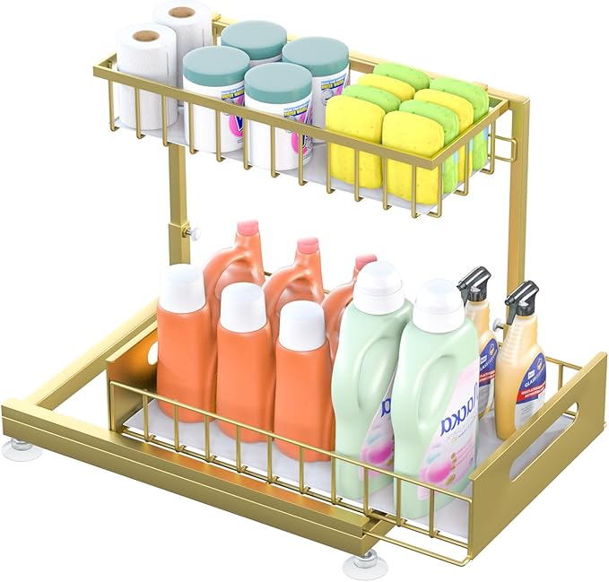 Under Sink Organizer Storage 2-Tier Premium Metal Pull-Out Racks, Height Adjustable, Heavy Dut and Easy Installation for Kitchen & Bathroom Organizers 1 Pack Gold