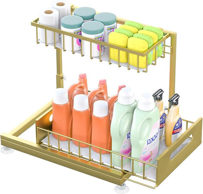 Under Sink Organizer Storage 2-Tier Premium Metal Pull-Out Racks, Height Adjustable, Heavy Dut and Easy Installation for Kitchen & Bathroom Organizers 1 Pack Gold