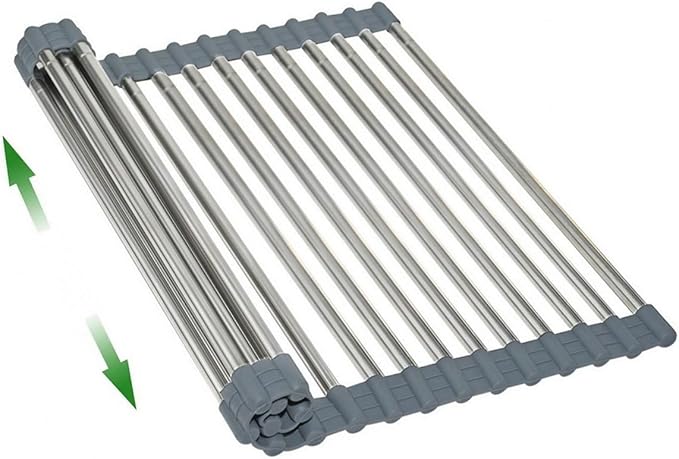 AXIMIXAME Expandable Large Draining Rack, Roll Up Heat-Resistant Dish Drainer for Stainless Steel Sinks, Collapsible Over The Sink Rack Non-Slip Silicone Rolling Up Rack 18 Tube