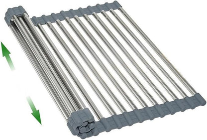 AXIMIXAME Expandable Large Draining Rack, Roll Up Heat-Resistant Dish Drainer for Stainless Steel Sinks, Collapsible Over The Sink Rack Non-Slip Silicone Rolling Up Rack 18 Tube