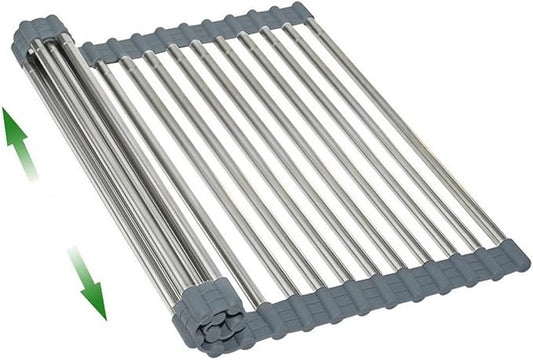 AXIMIXAME Expandable Large Draining Rack, Roll Up Heat-Resistant Dish Drainer for Stainless Steel Sinks, Collapsible Over The Sink Rack Non-Slip Silicone Rolling Up Rack 18 Tube
