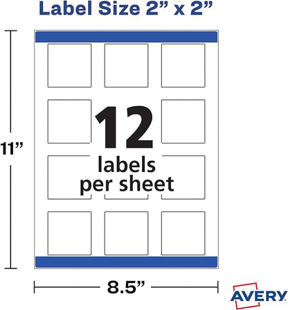 Avery Printable Blank Square Labels, 2" x 2", Matte White, 120 Customizable Labels (22816)