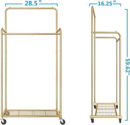 Simple Trending Double Rod Clothes Garment Rack, Heavy Duty Clothing Rolling Rack on Wheels for Hanging Clothes,with 4 Hooks, Gold