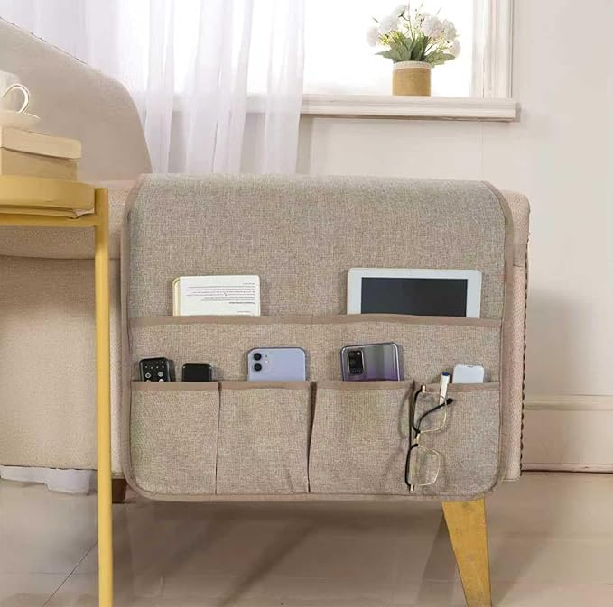 luckyjoyreal Faux Linen Armchair Caddy for Couch Remote Control Holder Non-slip Sofa Armset Organizer Caddy Storage for Recliner Couch 6 Pocket for Magazine 35"x19.5" Linen 1 Piece