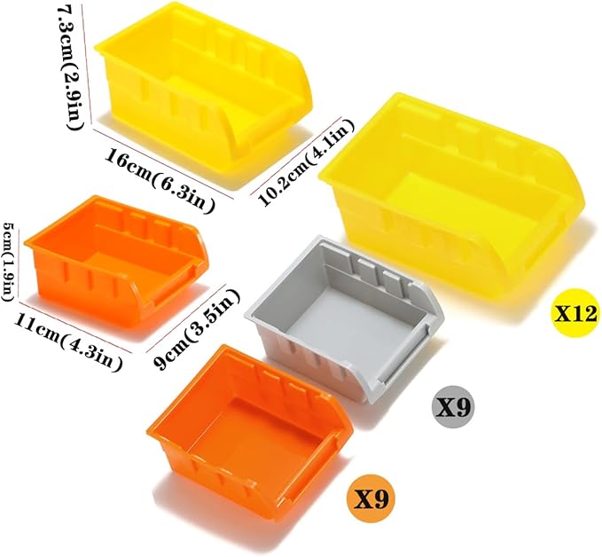 30-Bin Wall Mounted Storage Bins Kit, Tool Organizer Rack, 3 Color Parts Storage Bins, Garage Hardware Organizer, DIY Combination