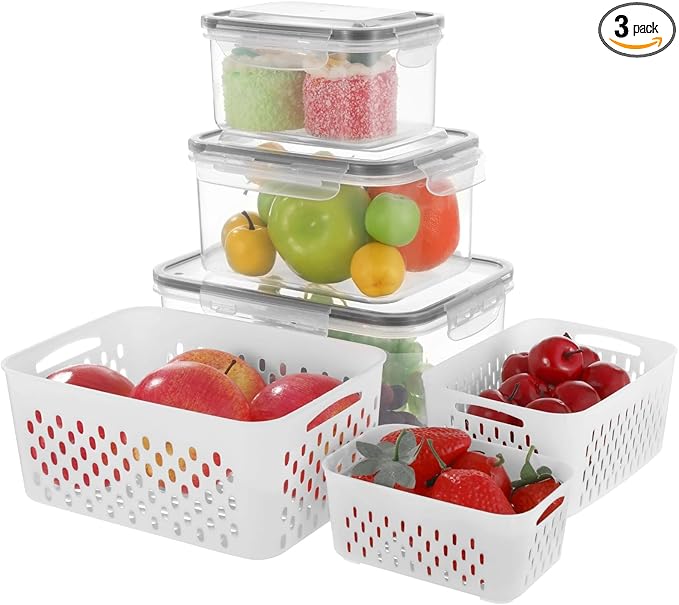 Anjetan 3 Pcs Fruit Storage Containers, Produce Savers with Lids for Fridge, Refrigerator Vegetable Containers with Draining Baskets, Airtight Food Keepers for Kitchen, Microwave Safe