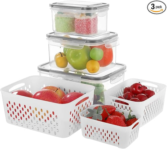 Anjetan 3 Pcs Fruit Storage Containers, Produce Savers with Lids for Fridge, Refrigerator Vegetable Containers with Draining Baskets, Airtight Food Keepers for Kitchen, Microwave Safe