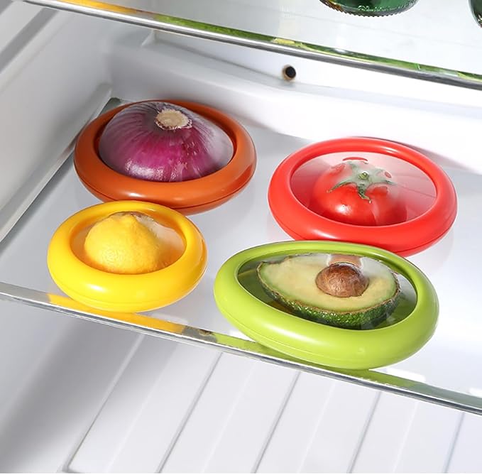 4PC Silicone Fruit and Vegetable Storage Containers Set for Fridge, Reusable Holder For Food Storage, Fresh Stretch Pods For Food Saver, Onion Storage Container, Tomato Saver,and Lemon Holder