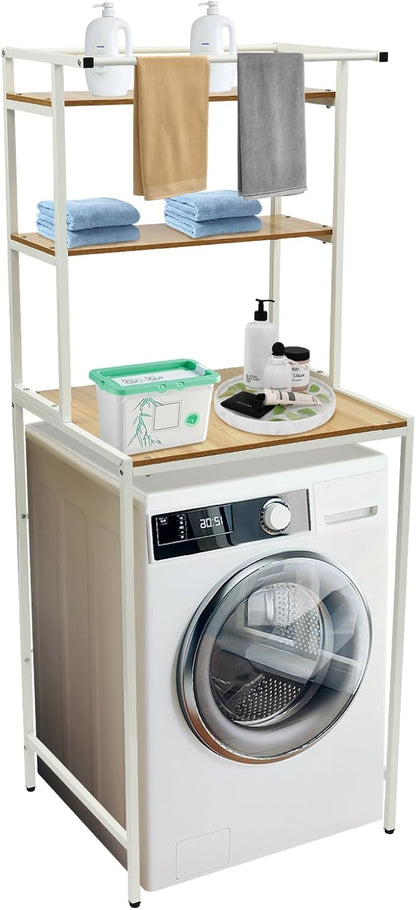 Over The Washer and Dryer Storage Shelf, 3-Tier Bathroom Room Shelf Storage Utility Rack Over The Toilet Washer Dryer Heavy Duty Laundry Room Organizer Bathroom Space Saving Organizer (White+ Log)
