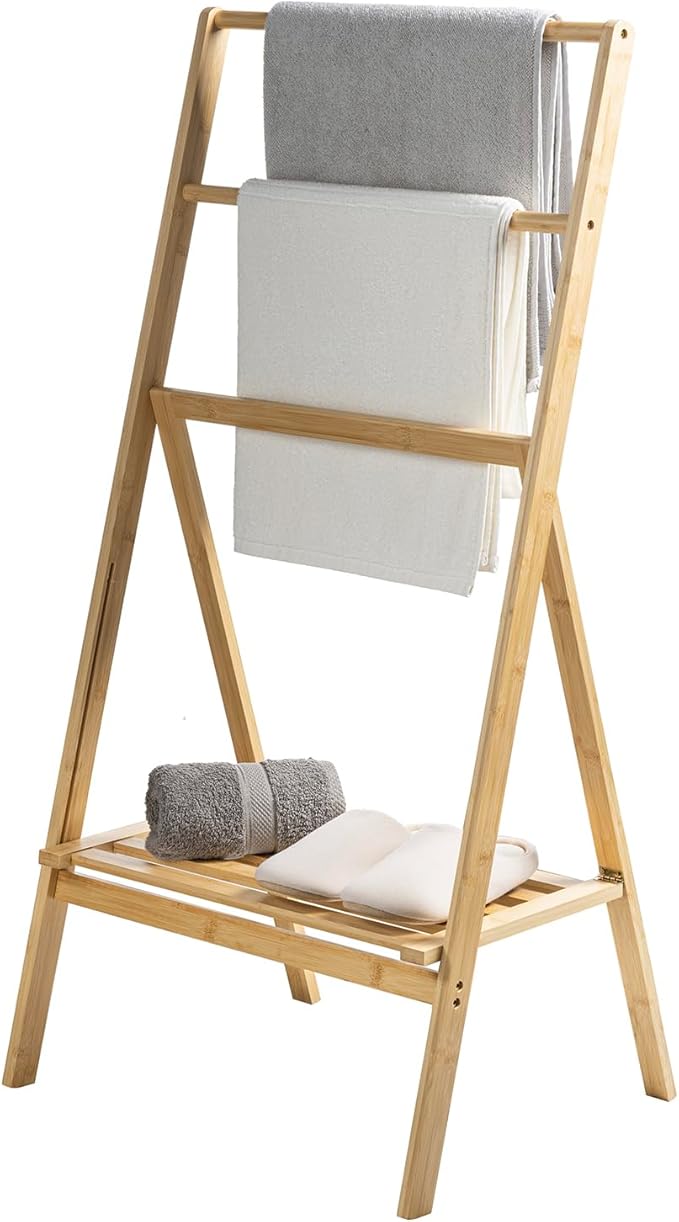 MyGift 3 Tier Free Standing Towel Rack, Foldable Blanket Ladder with Storage Shelf, 43" H Bath Towel Holder Organizer Drying Rack, Light Brown Solid Bamboo Quilt Rack