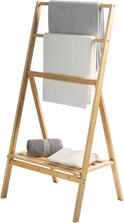 MyGift 3 Tier Free Standing Towel Rack, Foldable Blanket Ladder with Storage Shelf, 43" H Bath Towel Holder Organizer Drying Rack, Light Brown Solid Bamboo Quilt Rack