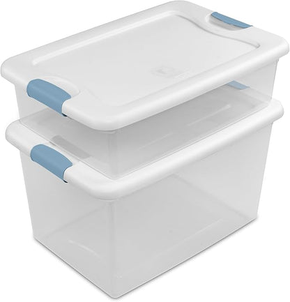 Sterilite 4 Pack Latching Box, 64 Qt Plastic Storage Container, Stackable Large Home or Office Tote Organizers with Secure Lids, White