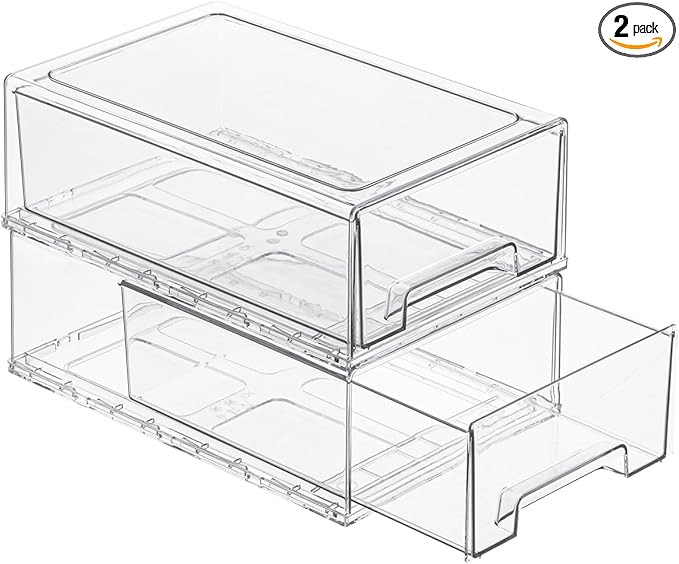 2 Pack Stackable Pull-Out Storage Drawers,Plastic Clear Organizer Bins with Handles,Easily Clean for Craft,and Toy Organization,Kitchen,Undersink,Cabinet,Fridge,Closet,Pantry,Office,Bathroom