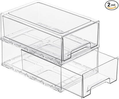 2 Pack Stackable Pull-Out Storage Drawers,Plastic Clear Organizer Bins with Handles,Easily Clean for Craft,and Toy Organization,Kitchen,Undersink,Cabinet,Fridge,Closet,Pantry,Office,Bathroom