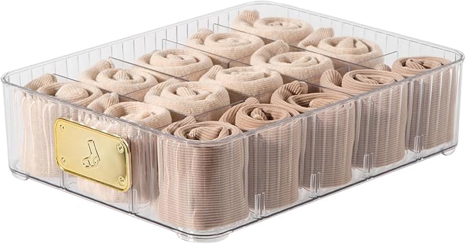 CISIREE Sock Organizer for Drawer, 15 Compartments Detachable Plastic Underwear Drawer Organizer with Lid for Closet, Compartment Storage Ideal for Socks, Bras, Ties, and Scarves (Sock)