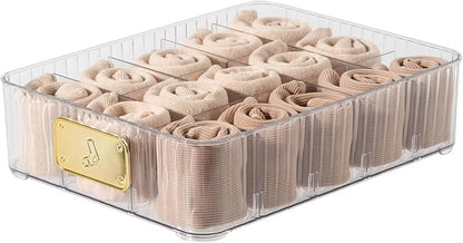 CISIREE Sock Organizer for Drawer, 15 Compartments Detachable Plastic Underwear Drawer Organizer with Lid for Closet, Compartment Storage Ideal for Socks, Bras, Ties, and Scarves (Sock)