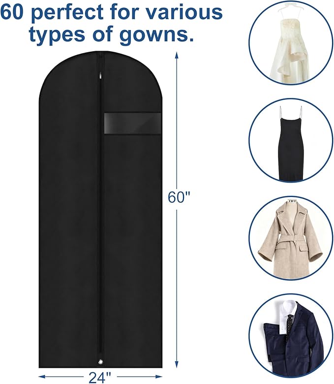 Dress Bags for Gowns,60" Long Dress Garment Bag, Garment Bags for Hanging Clothes,Dress Cover with Clear Window for Women's Coats, Formal Gowns, and Evening Dresses (Black)