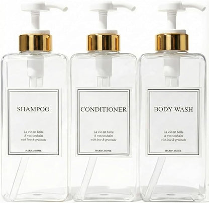 Modern Gold Design Shampoo and Conditioner Dispenser, Large 27oz Shower Soap Dispenser, Set of 3 Refillable Empty Plastic Pump Bottles for Bathroom, 6 Waterproof Labels Included, (Clear & White)