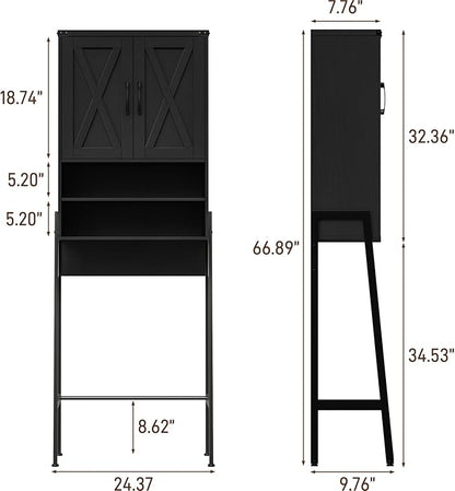 Vabches Over The Toilet Storage Cabinet, Farmhouse Over Toilet Storage Cabinet, Metal Frame with 2 Barn Doors, Home Space-Saving Toilet Rack for Bathroom, Toilet, Laundry Room,Black