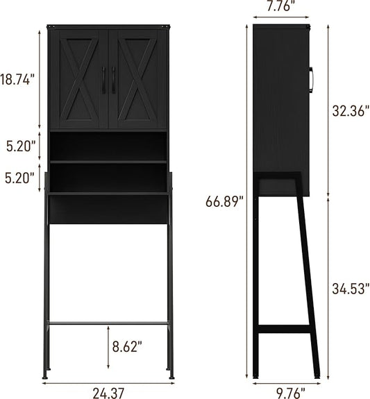 Vabches Over The Toilet Storage Cabinet, Farmhouse Over Toilet Storage Cabinet, Metal Frame with 2 Barn Doors, Home Space-Saving Toilet Rack for Bathroom, Toilet, Laundry Room,Black