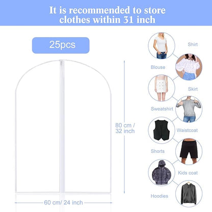 Chumia 25 Pcs Garment Bags for Hanging Clothes Storage, 24 x 32 Inch Clear Plastic Clothes Covers Dust Proof Suit Cover Dress Garment Bags with Full Zipper for Travel Closet Adult