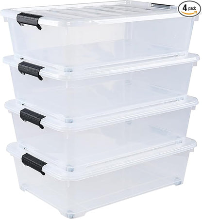 Bringer 4-Packs Under Bed Storage Bins, 25 L Plastic Closet Organizers and Clothes Storage Boxes with Wheels