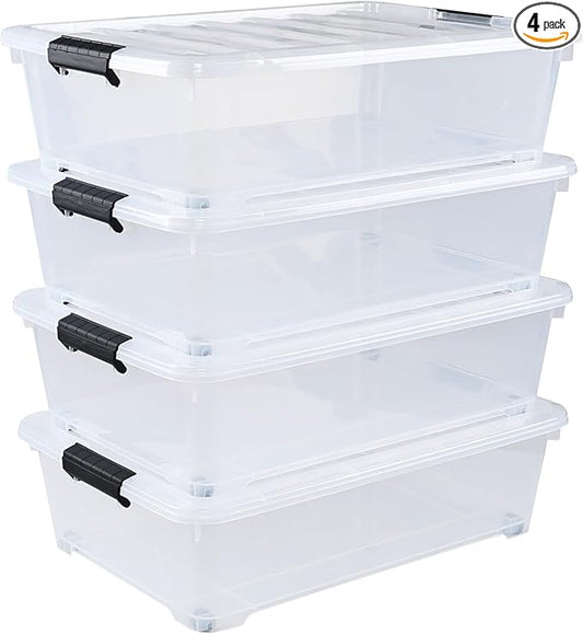 Bringer 4-Packs Under Bed Storage Bins, 25 L Plastic Closet Organizers and Clothes Storage Boxes with Wheels