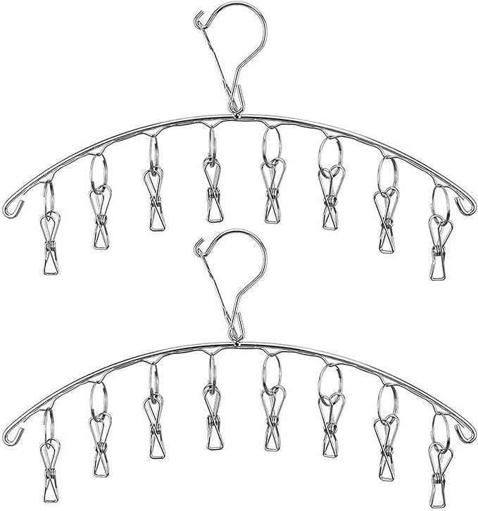 2Pcs Clothes Drying Hanger with 16 Clips, Stainless Steel Sock Air Drying Rack, Windproof Anti-Lost for All Small Laudry Item and Herbs