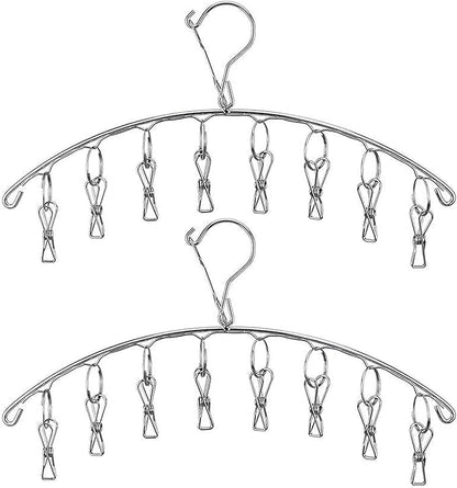 2Pcs Clothes Drying Hanger with 16 Clips, Stainless Steel Sock Air Drying Rack, Windproof Anti-Lost for All Small Laudry Item and Herbs