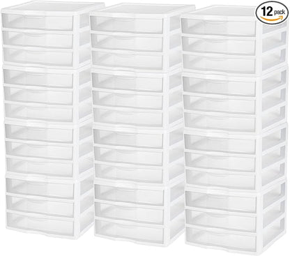 Sterilite 12-Pack Wide 3 Drawer Unit, Plastic Desktop Organizer with Clear Drawers, White Frame - Stackable Multi-Purpose Storage for Office Supplies, Craft Rooms, Classrooms and Home Organization
