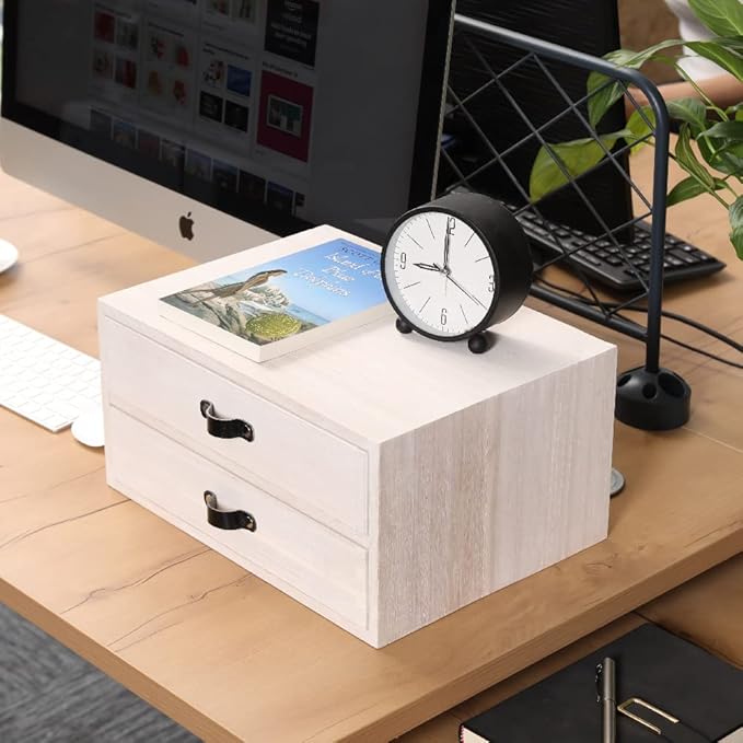 Desk Organizer Drawers for Office Supplies Kitchen Storage - Wood Makeup Organizer Box/Countertop Drawers Chest for Dresser Wooden Cabinet Printer Stand Machine Shelf White (FAX2C-WH）