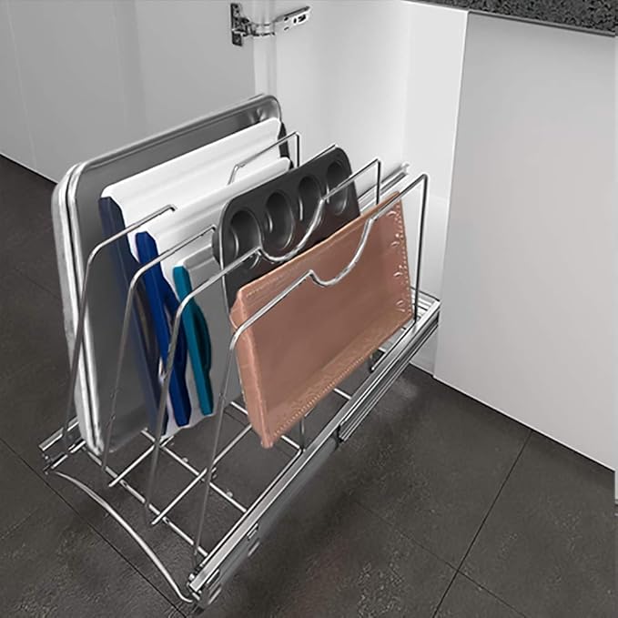 STORKING Pull Out Cookie Sheet Organizer for Cabinet, Pan and Pot Rack, Cutting Board Organizer Rack, Baking Tray Organizer for Cabinet, Adjustable Divider Width, 11" W x 22" D x 11.8" H, Chrome