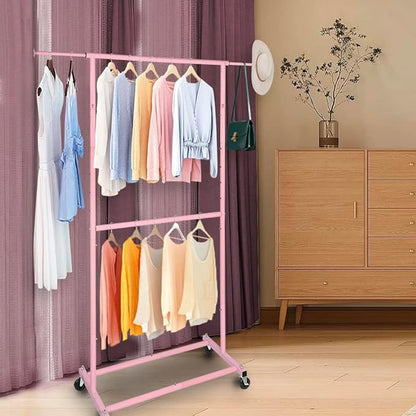 Pink Simple Standard Double Rod Rolling Clothing Garment Rack for Hanging Clothes, Metal Clothes Organizer with Lockable Wheels Mobile for Women, Girls and Kids, Portable Freestanding