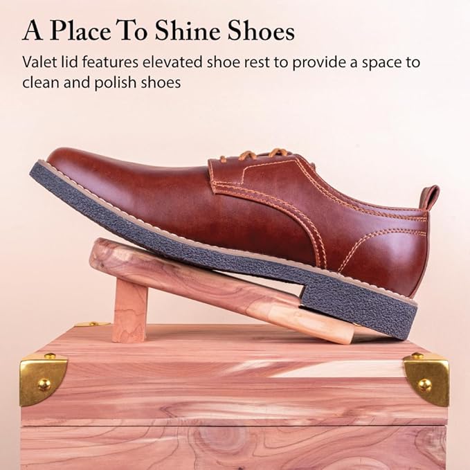 FootFitter Grand Cedar Shoe Shine Valet Box with Stand, Storage Case for Shoe Shining, Polish, Brushes & Care Accessories, USA Grown Wood