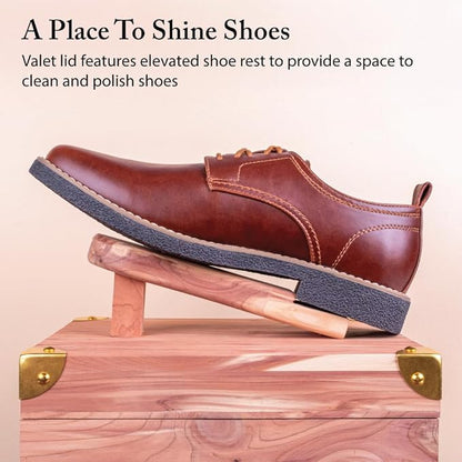 FootFitter Grand Cedar Shoe Shine Valet Box with Stand, Storage Case for Shoe Shining, Polish, Brushes & Care Accessories, USA Grown Wood