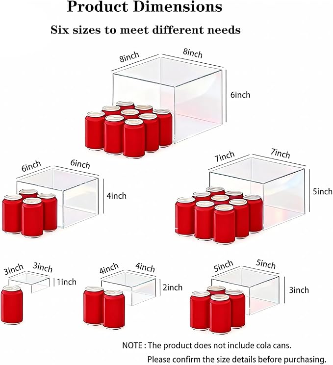 6 Pcs Buffet Risers and Stands, Food Risers Display Stands for Buffet Table, Acrylic Risers Display Stands for Catering Dessert, Party, Collectibles, Clear Cube Boxes Display with Hollow Bottoms (8" 7" 6" 5" 4" 3") (Clear)