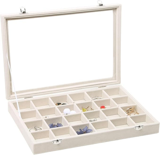 Stratalife Jewelry Organizer Jewelry Tray with Lid See-through Display Showcase Large Earring Organizer Velvet Storage Box for Earring Necklace Rings Dice Beige (24 Grids)