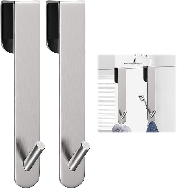 KITHOLD Shower Door Hook, Extended Length Frameless Shower Door Hook (7 Inches), Heavy-Duty Bathrobe Towel Stainless Steel Hook, No Drilling or Adhesive Required, 2-Pack, Silver