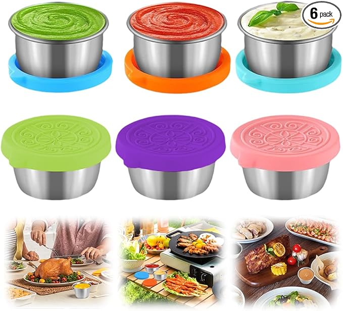 6x1.6/2.4 Oz Salad Dressing Container To Go Condiment Containers Coverd Lids,Small Reusable Stainless Steel Sauce Containers For Lunch Boxes Picnics Travel Meal Prep Kitchen Storage (6PC-1.6oz)