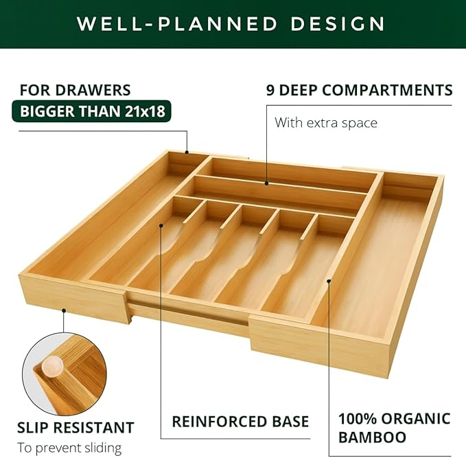 Bamboo Drawer Organizer – Expandable 9 Slot Silverware & Utensil Tray for Kitchen, Office & Kitchen – Fits 13”–19.6” Drawers, Natural Bamboo Wood, Deep Compartments - Durable & Eco-Friendly