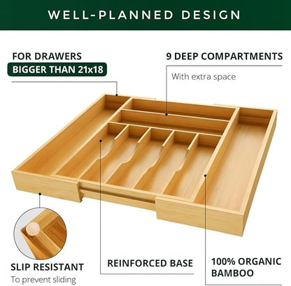 Bamboo Drawer Organizer – Expandable 9 Slot Silverware & Utensil Tray for Kitchen, Office & Kitchen – Fits 13”–19.6” Drawers, Natural Bamboo Wood, Deep Compartments - Durable & Eco-Friendly