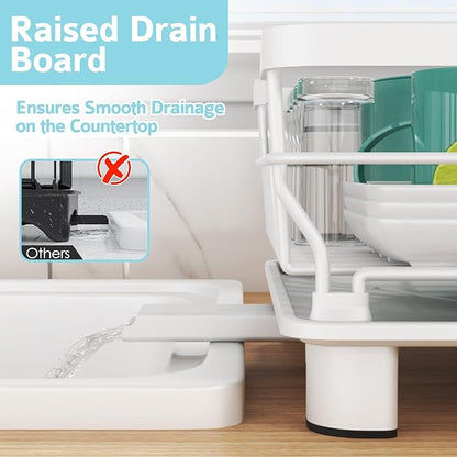 Ricobes Dish Drying Rack - Space Saving Dish Rack - Dish Racks for Kitchen Counter with Drainboard,Rustproof Dish Drainer with Removable Utensil Holder,White
