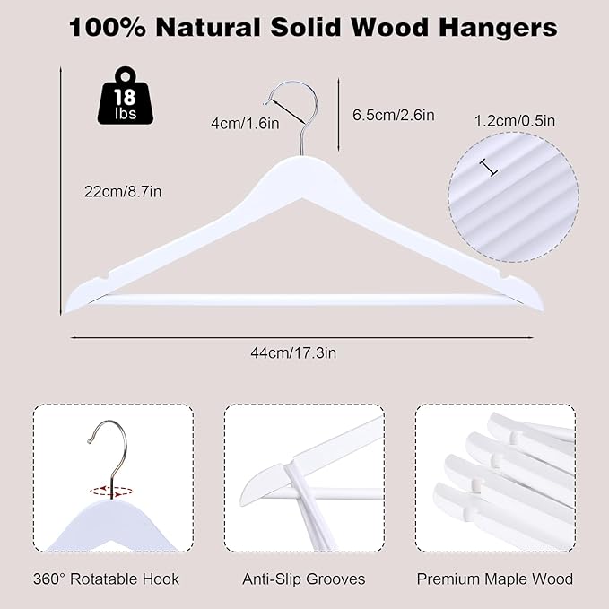 Hapmira Premium Wooden Hangers 10 Pack, Natural Solid Wood Hangers with Trouser Rods and Shoulder Notches, Space Saving for Suits, Shirts, Jackets, Dresses and Pants (10, White)