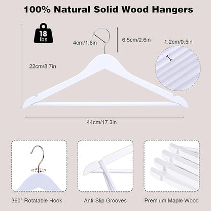 Hapmira Premium Wooden Hangers 10 Pack, Natural Solid Wood Hangers with Trouser Rods and Shoulder Notches, Space Saving for Suits, Shirts, Jackets, Dresses and Pants (20, White)
