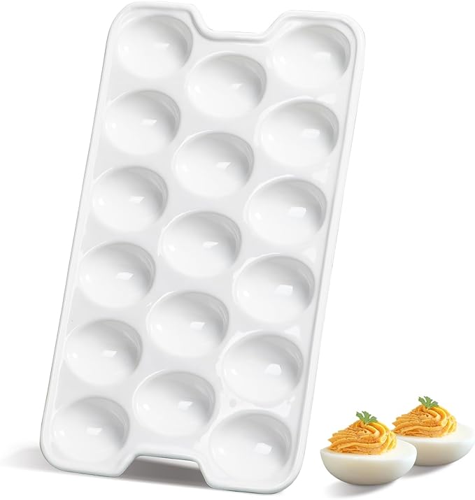 ONEMORE Ceramic Deviled Egg Platter, Christmas Deviled Egg Tray 17-Hole Rectangular Fridge Eggs Holder Appetizer Serving Tray for Entertaining, Easter, Parties, Gatherings & Holidays - Dishwasher Safe