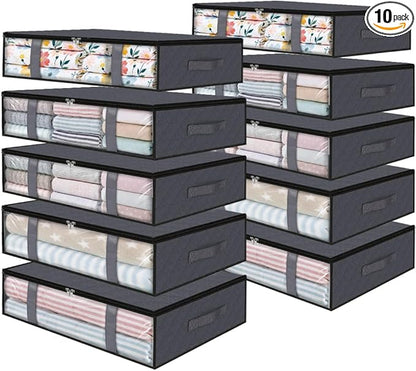 StorageRight Under Bed Storage Bins, 10-Pack 40L Foldable Fabric Storage Bags with Transparent Window, Breathable Organizer for Clothes/Blanket/Comforter/Quilt, Grey