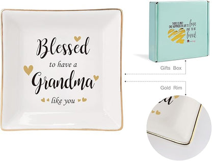 HOME SMILE Mother's Day Gifts for Grandma,Grandmother Ceramic Ring Jewelry Dish Tray Plate for Birthday Valentine's Christmas-Blessed to Have A Grandma Like You