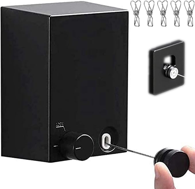 Retractable Clothesline Clothes Line Retracting Outdoor/Indoor, Heavy Duty Stainless Steel Adjustable Drying Rope Wire Dryer with ABS case+Aluminum, Self Adhesive Wall Mount 13.8 Feets Black
